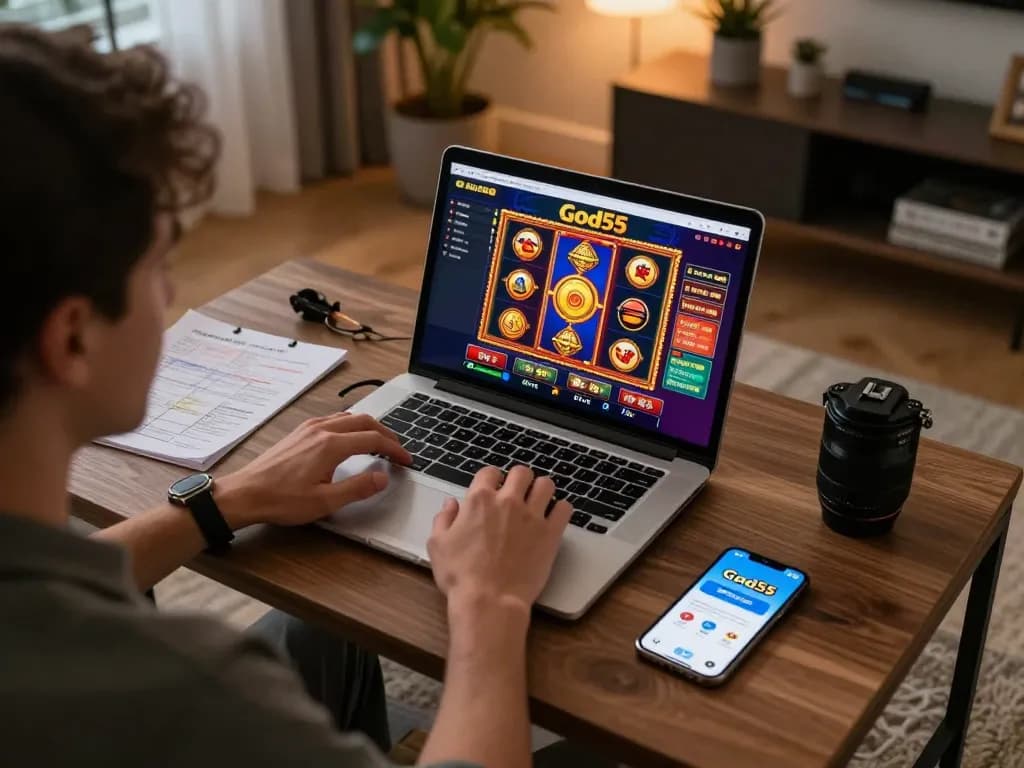 Engaging player at God55 online casino using laptop for strategic gameplay in cozy setting.