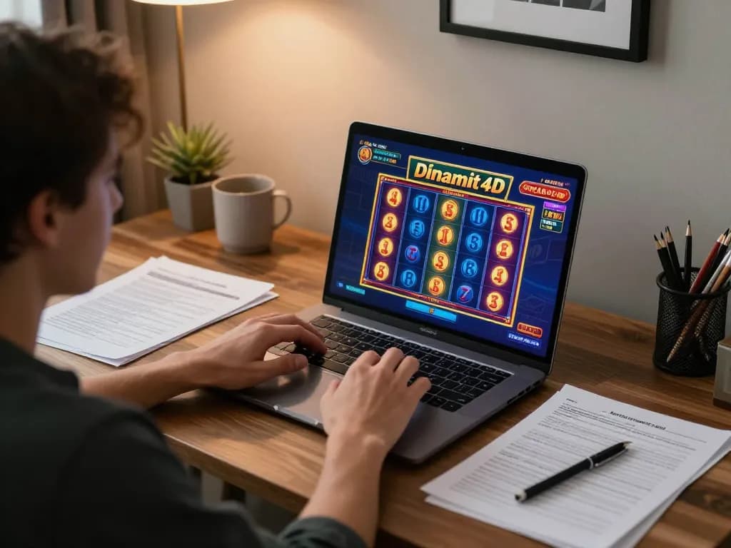 Player engaged in Dinamit4D online gaming, celebrating a slot machine win in a cozy home office.