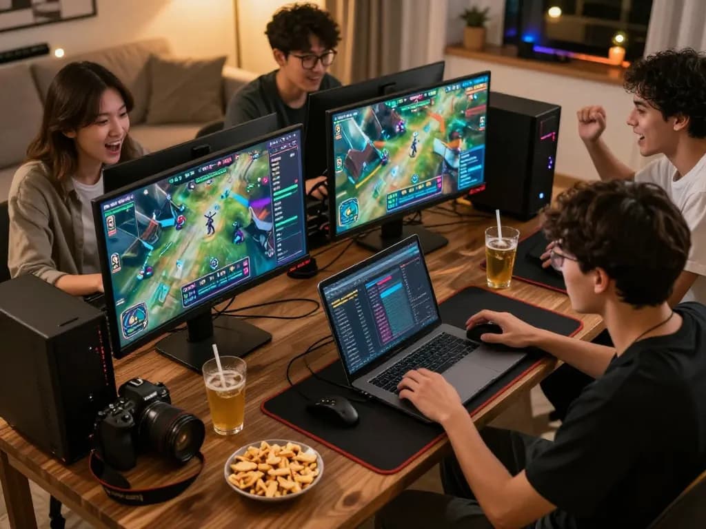 Engaged friends participating in esports betting Singapore with live match screens and laptops in a cozy home setup.