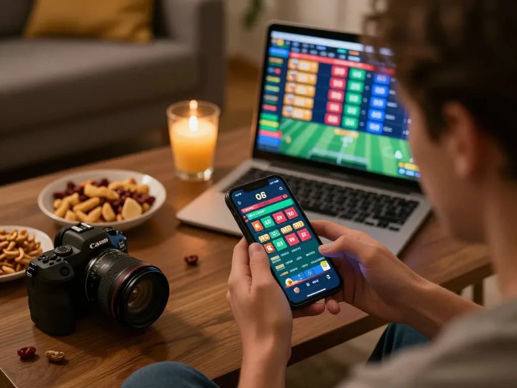 Engaging moment of online sports betting on O8 app in a cozy home setting.
