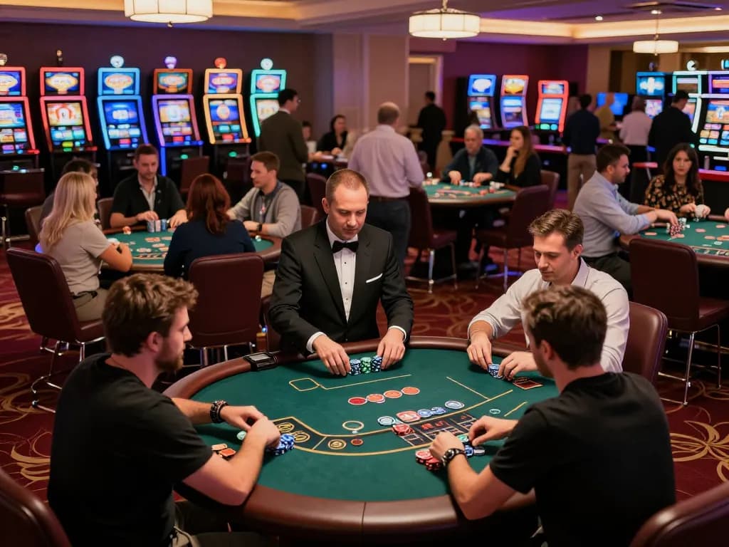 Engaged players at a vibrant casino table strategizing their bets in a lively atmosphere, showcasing da88's excitement.