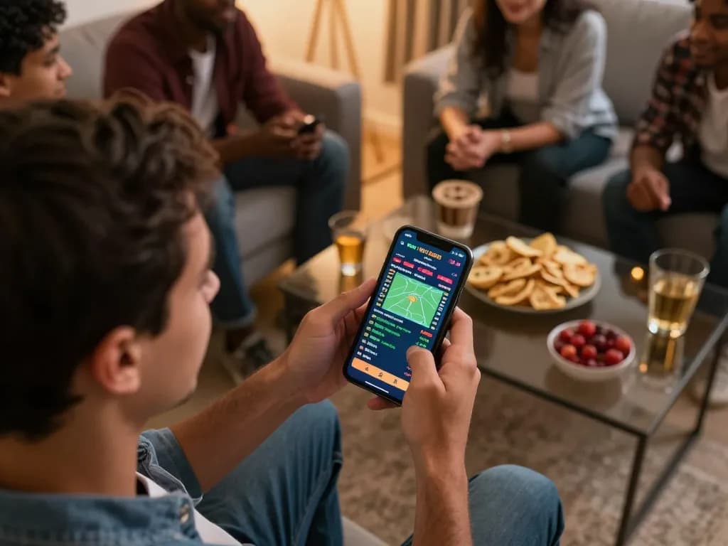 Engaging in real-time sports betting on m106 app, surrounded by snacks and drinks.