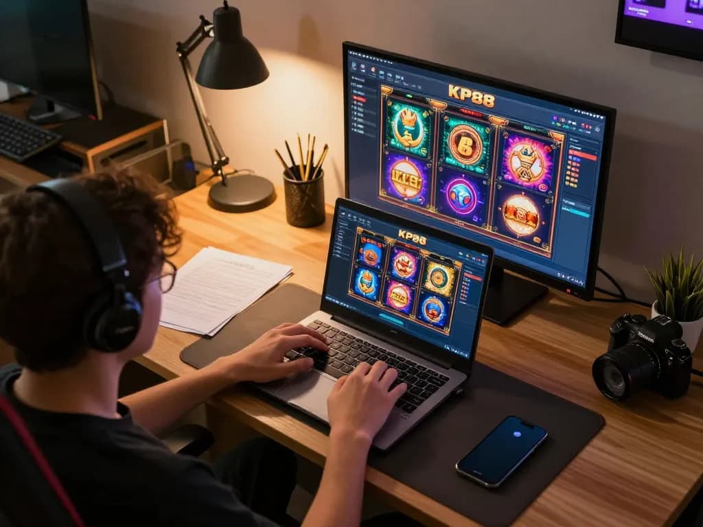 Enjoying a KP88 online gaming session at home with vibrant slot game displays