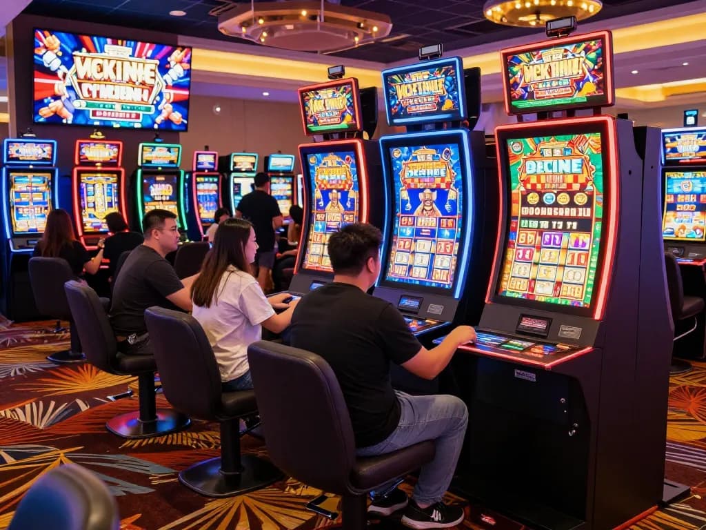 Exciting scene of players enjoying SLOT GACOR at vibrant casino slot machines, showcasing diverse individuals and thrilling atmosphere.