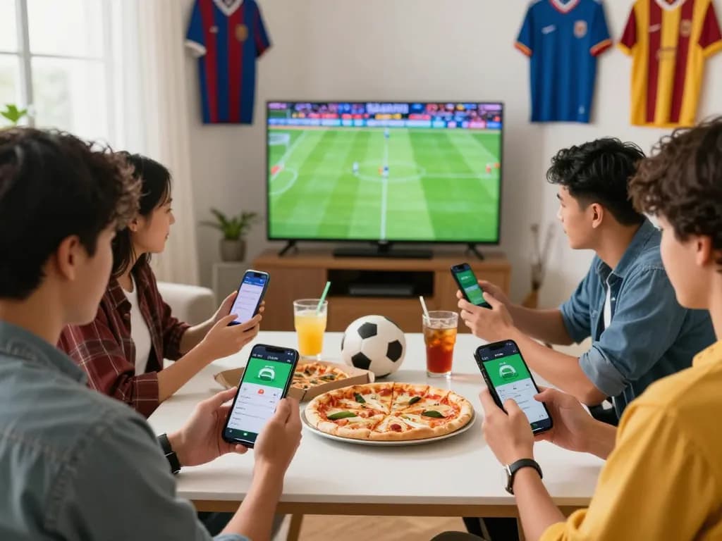 Suasana seru judi bola online dengan teman-teman menikmati pertandingan sepak bola bersama.