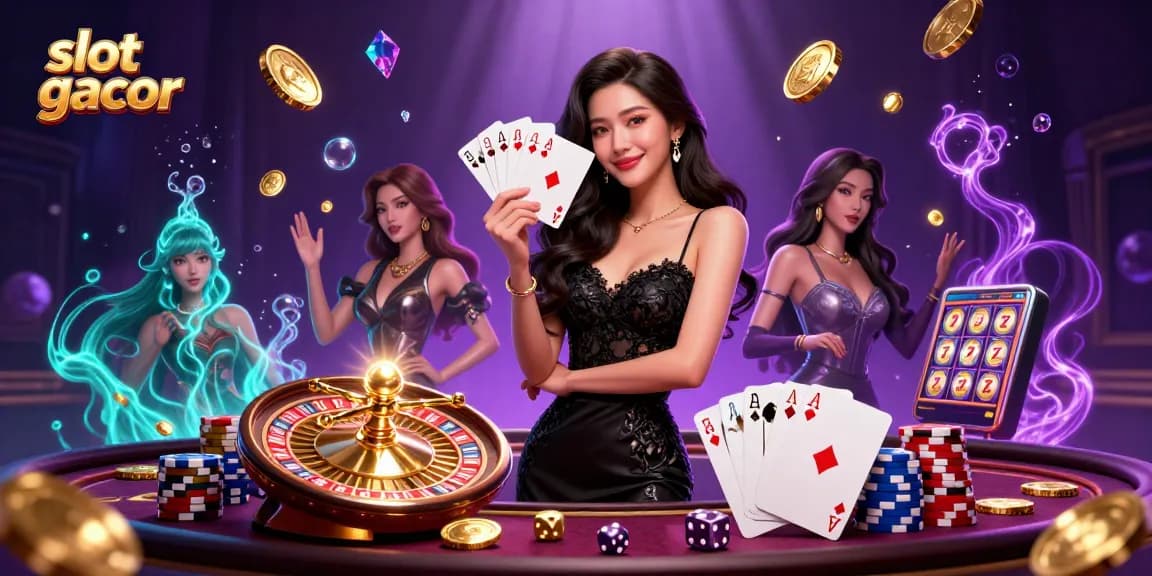 Engage with slot gacor showcasing a glamorous Asian woman amidst vibrant casino elements.