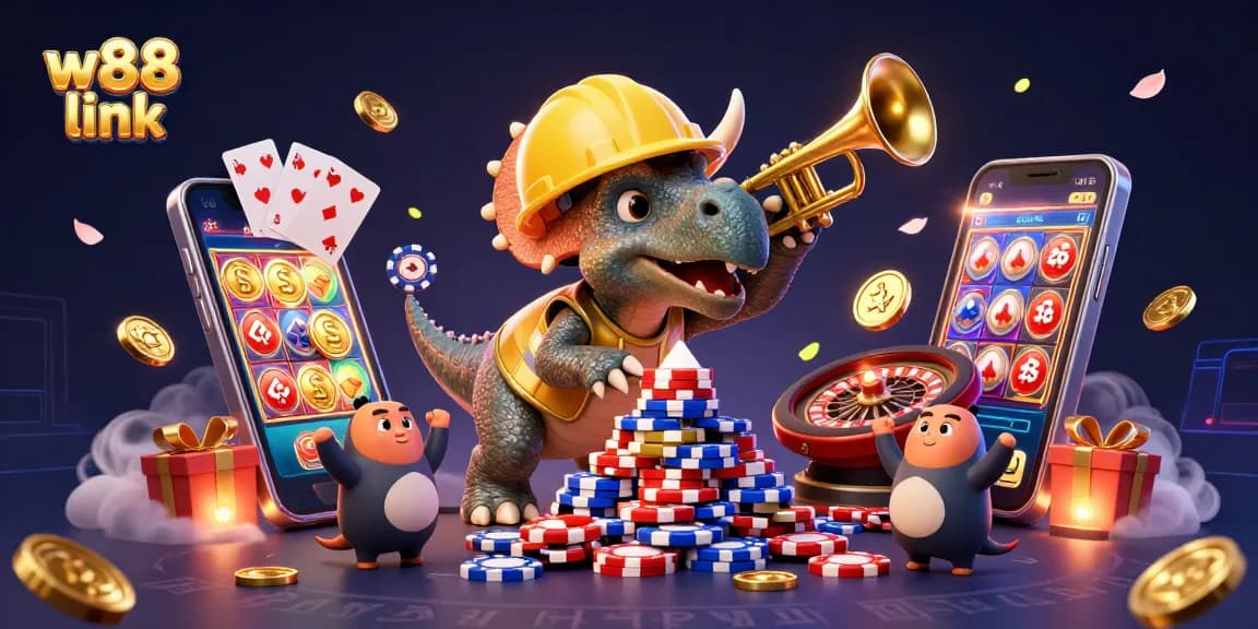 Experience thrilling gaming with the w88 link, showcasing a vibrant scene of dinosaurs and casino elements.