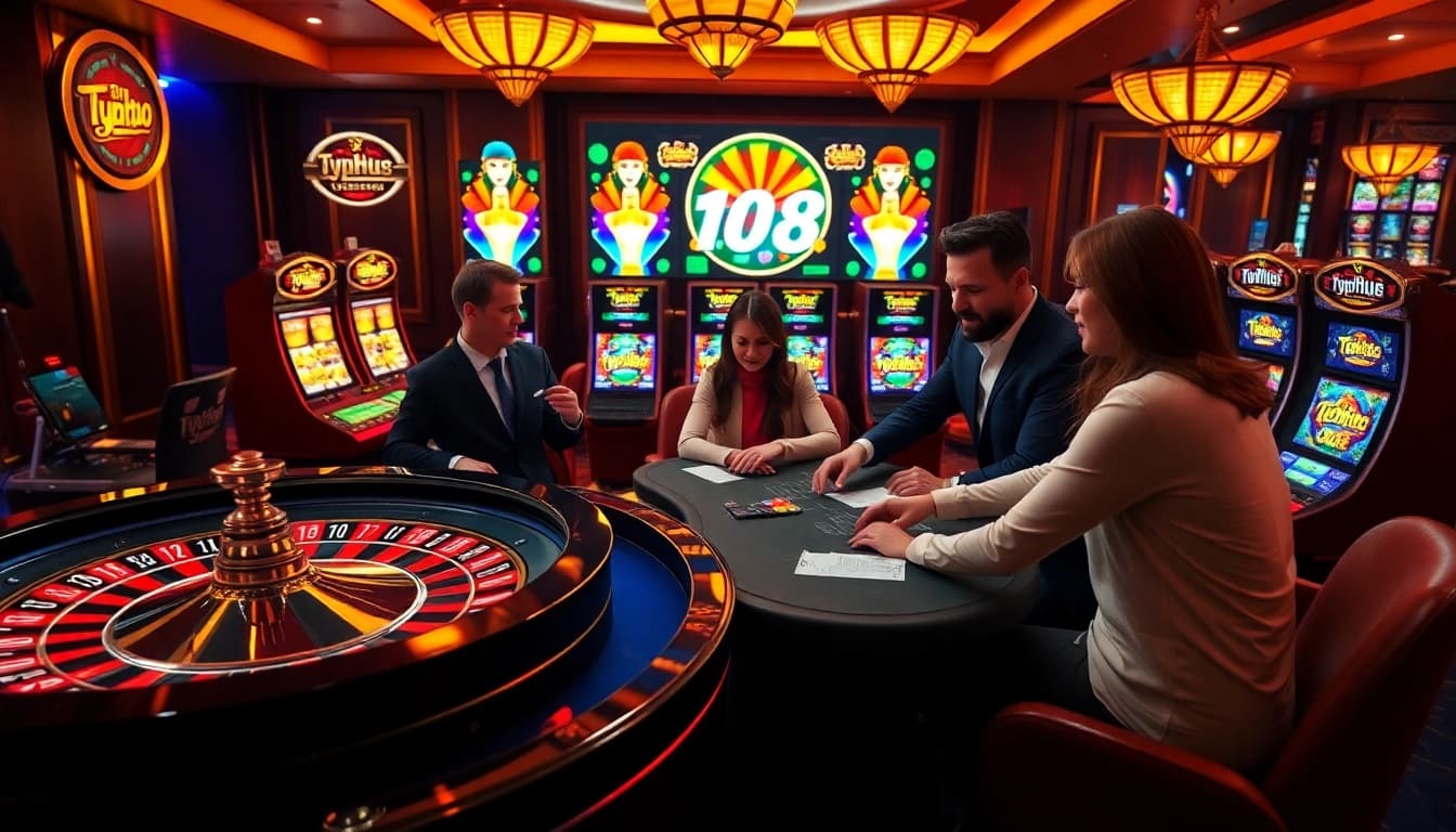 Experience the thrill of Typhu88 in a vibrant casino atmosphere with roulette and poker.