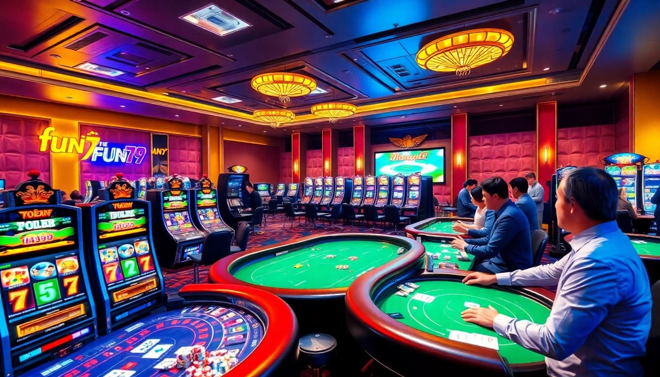 Engaging scene of nhà cái fun79 with thrilling casino gameplay, featuring poker and slot machines.