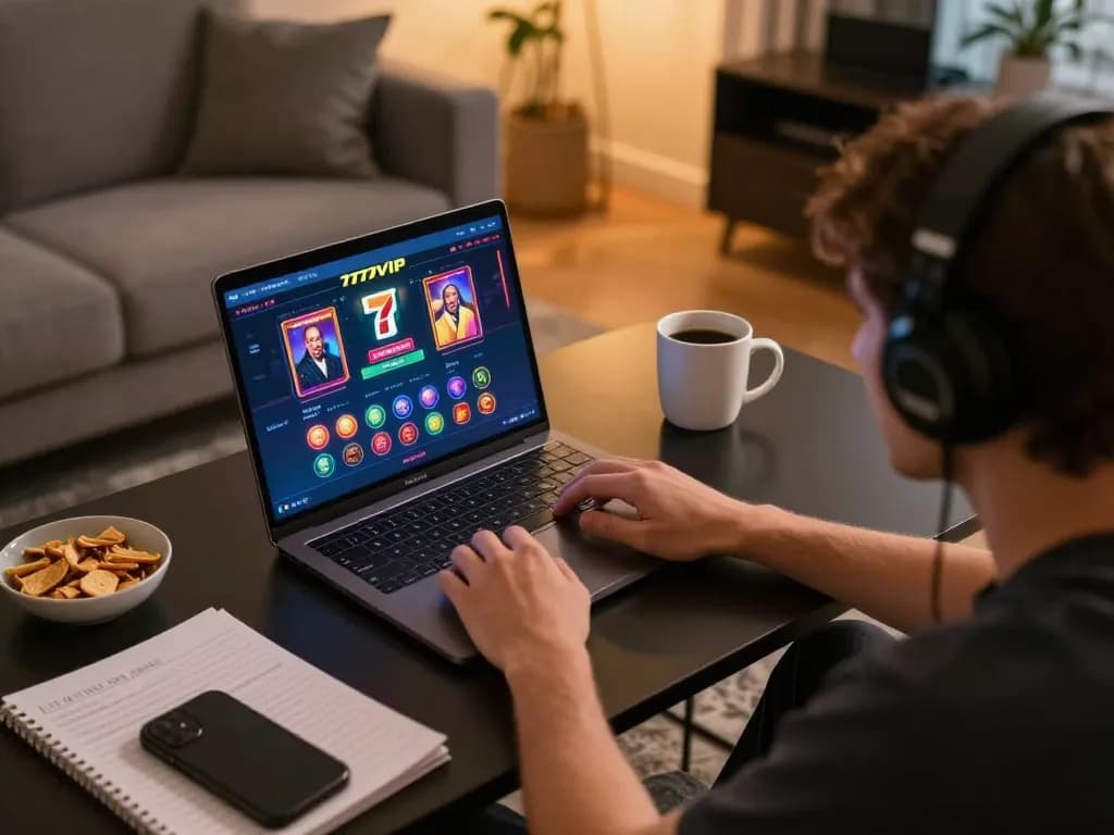 Engaging online gambling experience at 777VIP from a cozy home setup with strategic notes