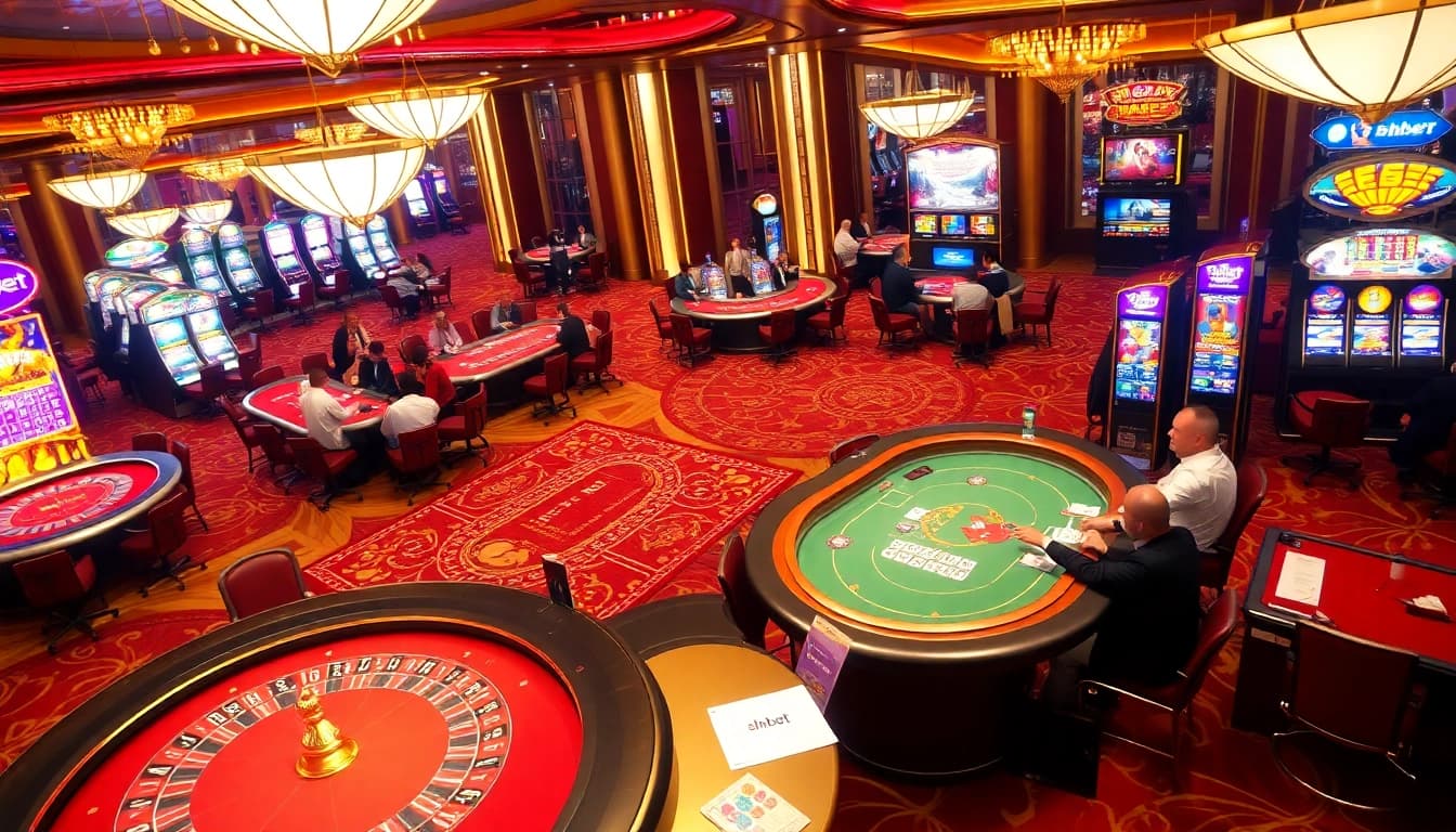 Exciting casino action featuring shbet tables, vibrant roulette wheels, and eager players.