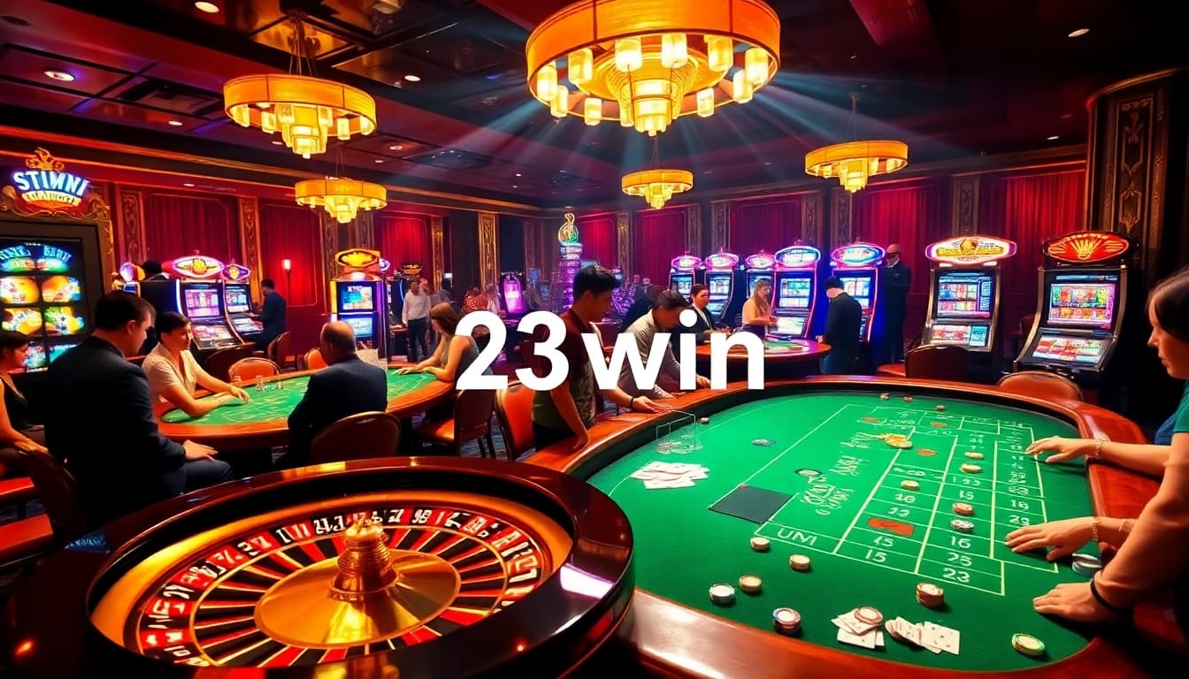 Experience the excitement of 23win with vibrant casino tables, slot machines, and engaged players.