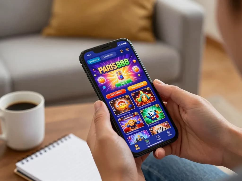 Engaging mobile gaming moment on Paris888 app showcasing vibrant casino graphics and relaxed atmosphere