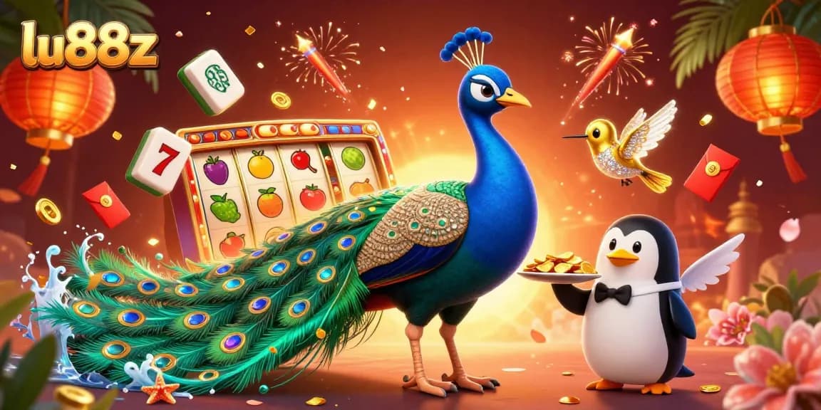 Experience thrilling wins at lu88z with a vibrant casino-themed illustration featuring a peacock and chips.