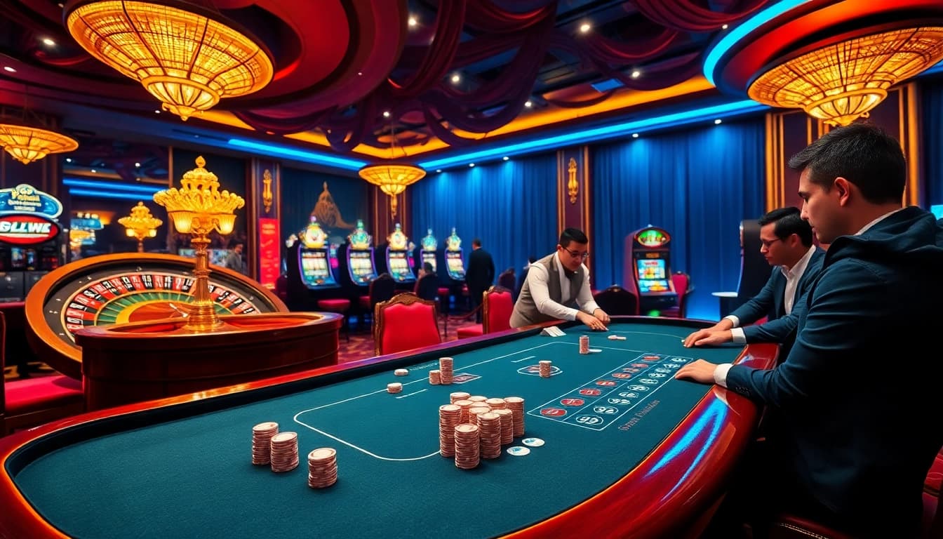 Experience thrilling gameplay at 99OK with vibrant casino elements like poker tables and roulette wheels.
