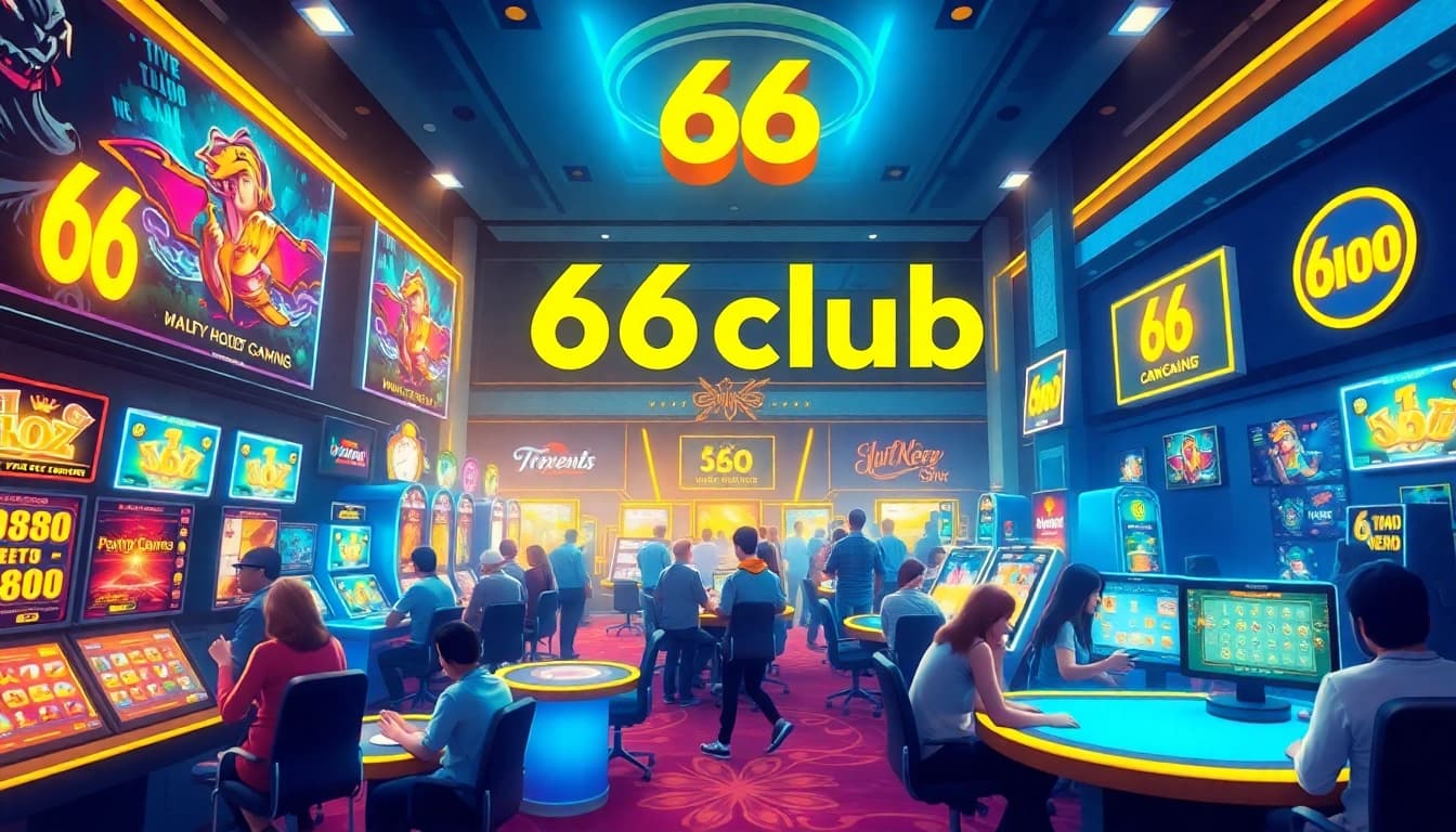 Exciting gaming scene at 66club with players enjoying slots and sports betting.