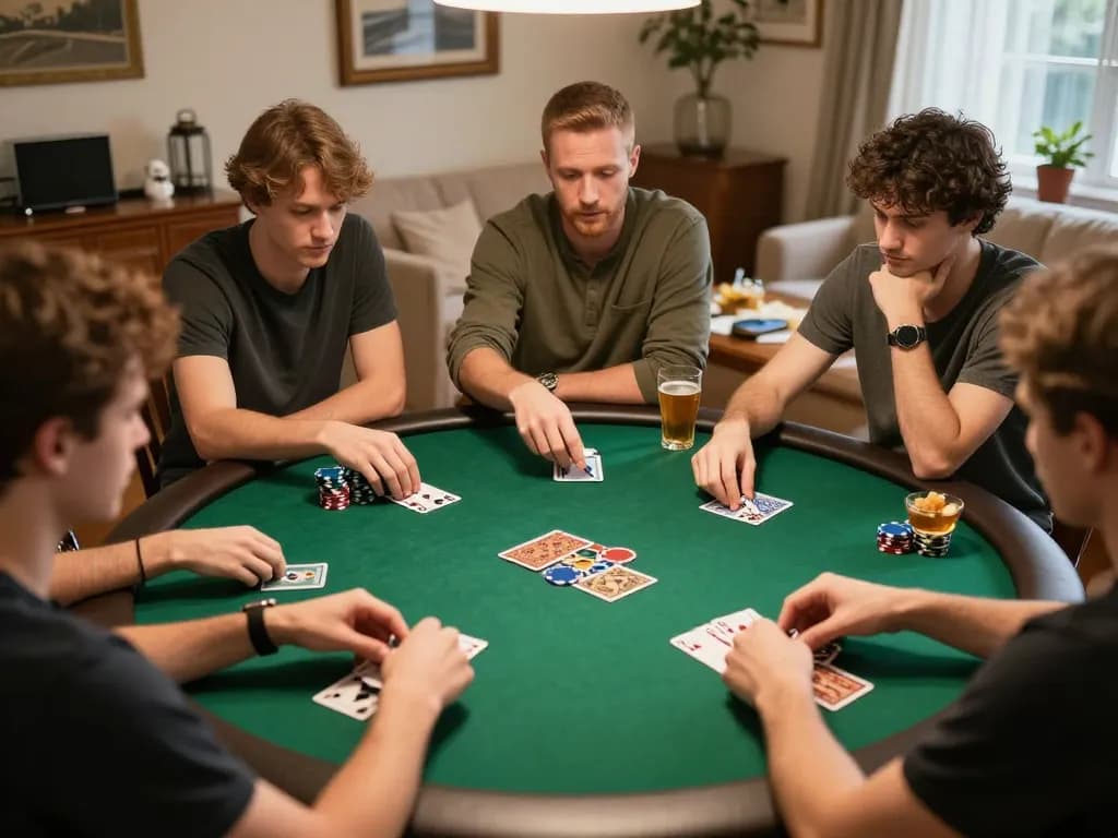 Engaged players enjoying a friendly poker game at home, showcasing a vibrant nk88 com atmosphere of strategy and social interaction.