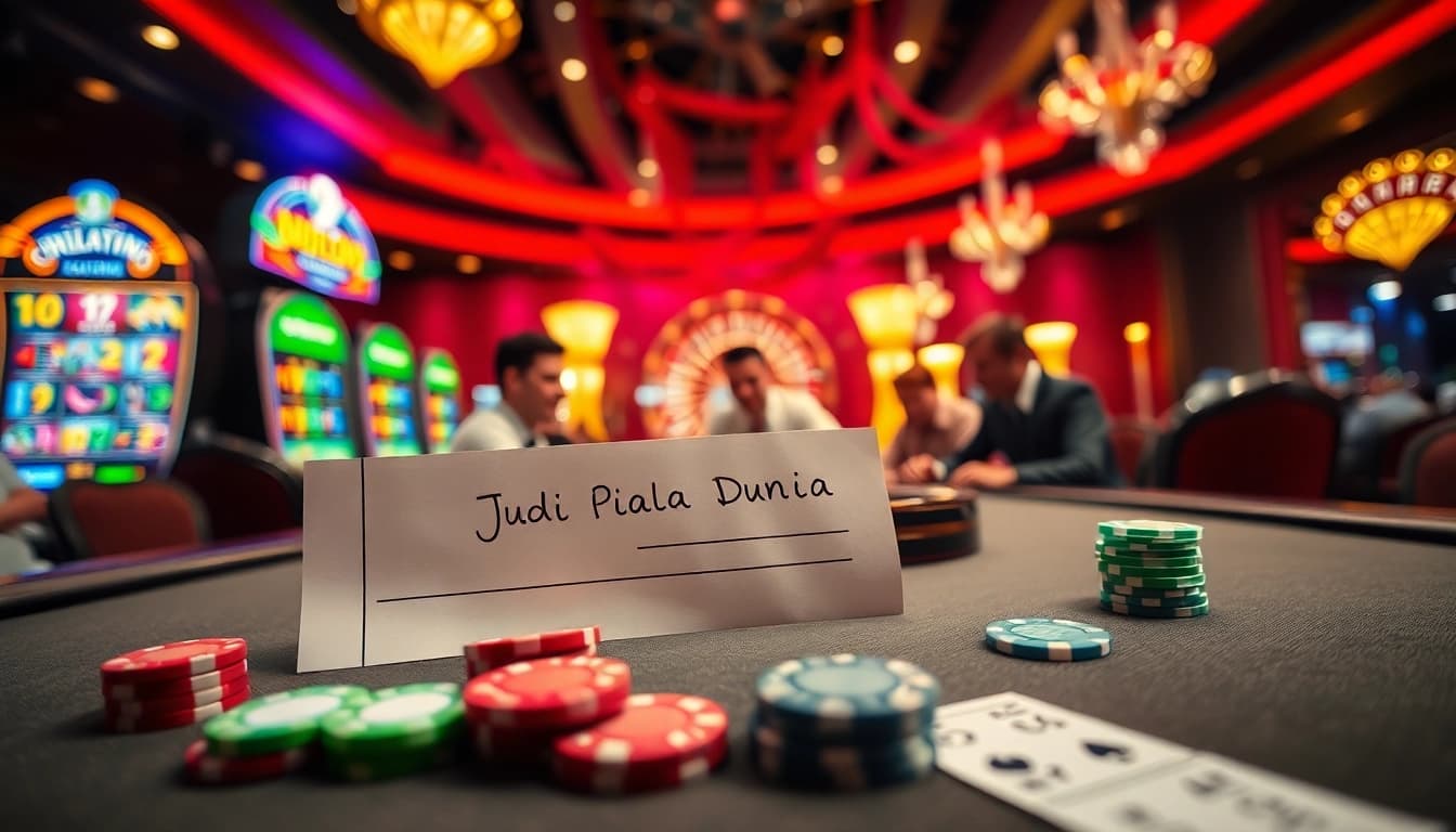 Engaging players at a poker table with Judi Piala Dunia betting slip prominently displayed.