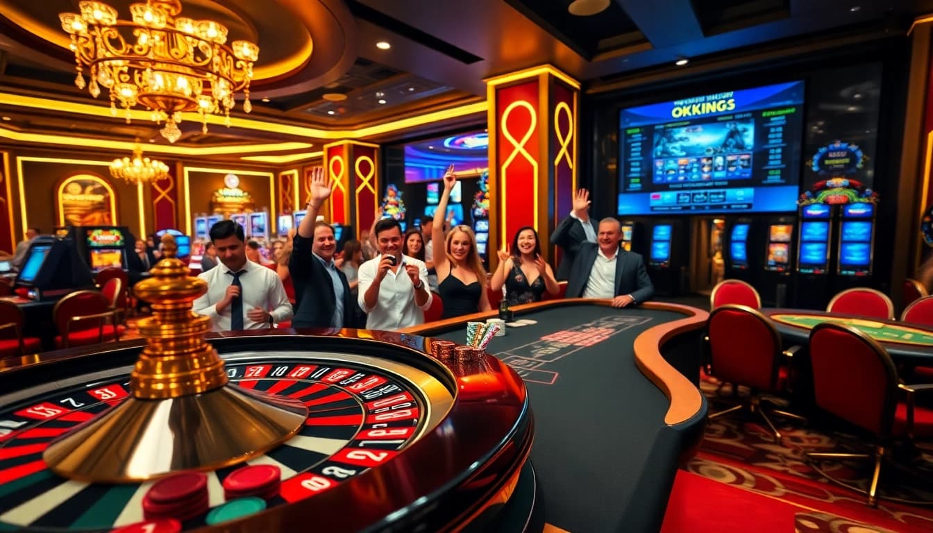 Okking players enjoying a thrilling moment at a luxurious casino table.