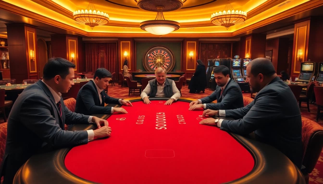SODO casino scene showcasing a high-stakes poker game with professional players and vibrant slot machines.