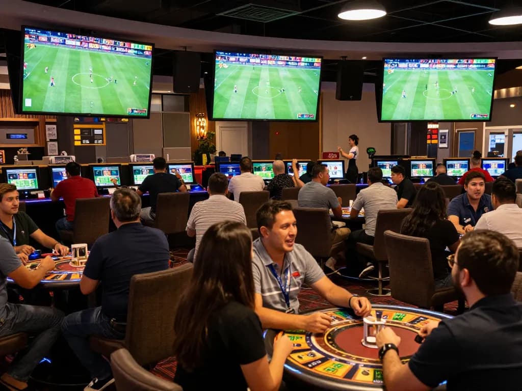 Engaged sports fans tracking kèo nhà cái during an exciting live match in a vibrant casino.