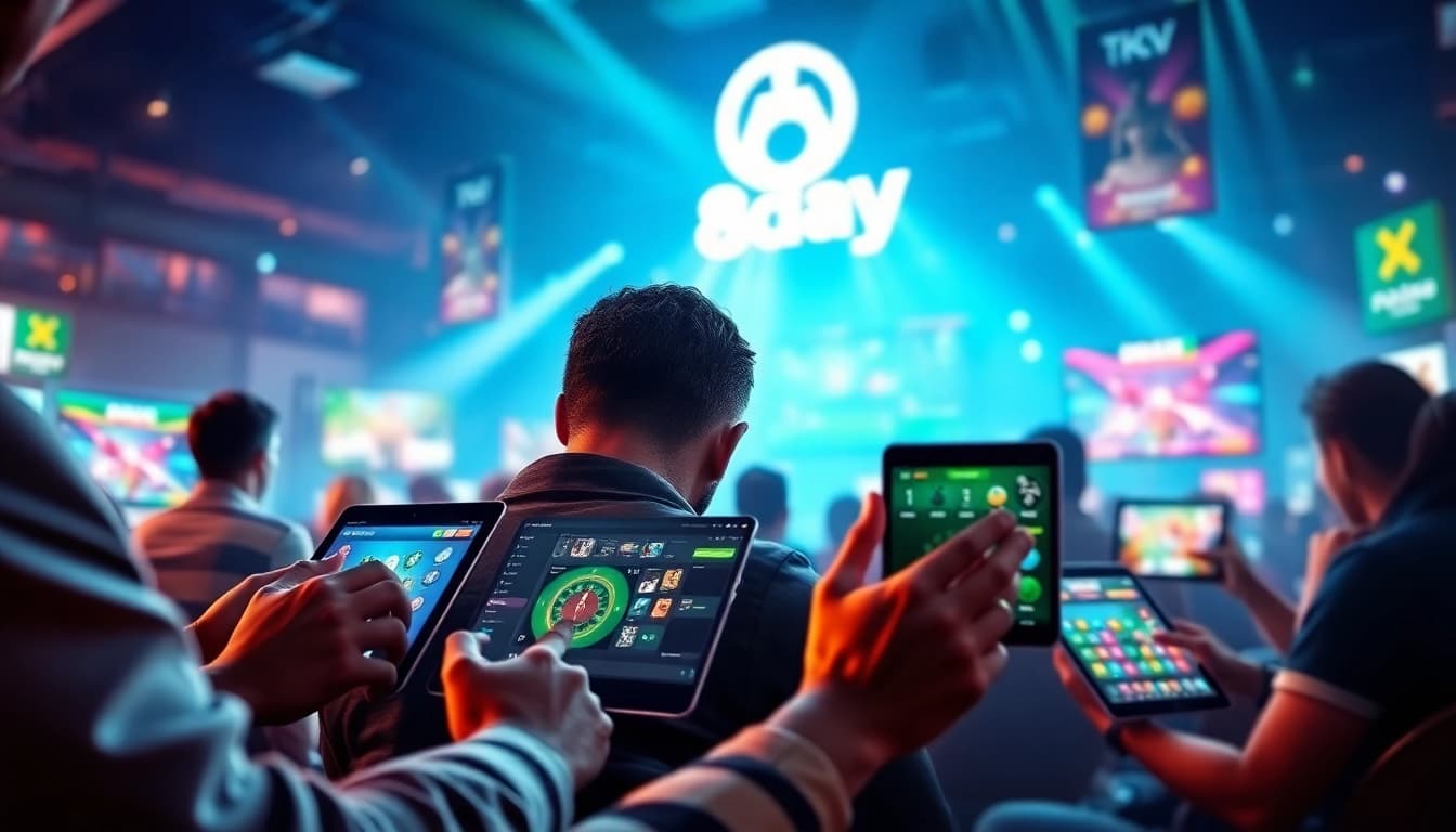 8day platform showcasing dynamic online gaming scene with excited players and modern interfaces.