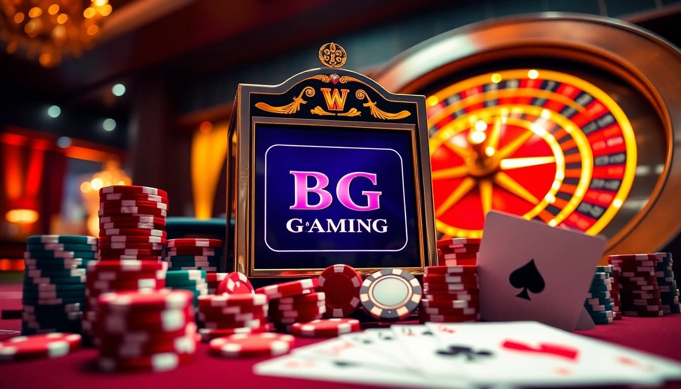 Engaging with BG Gaming's vibrant slot machine amid poker chips and cards.