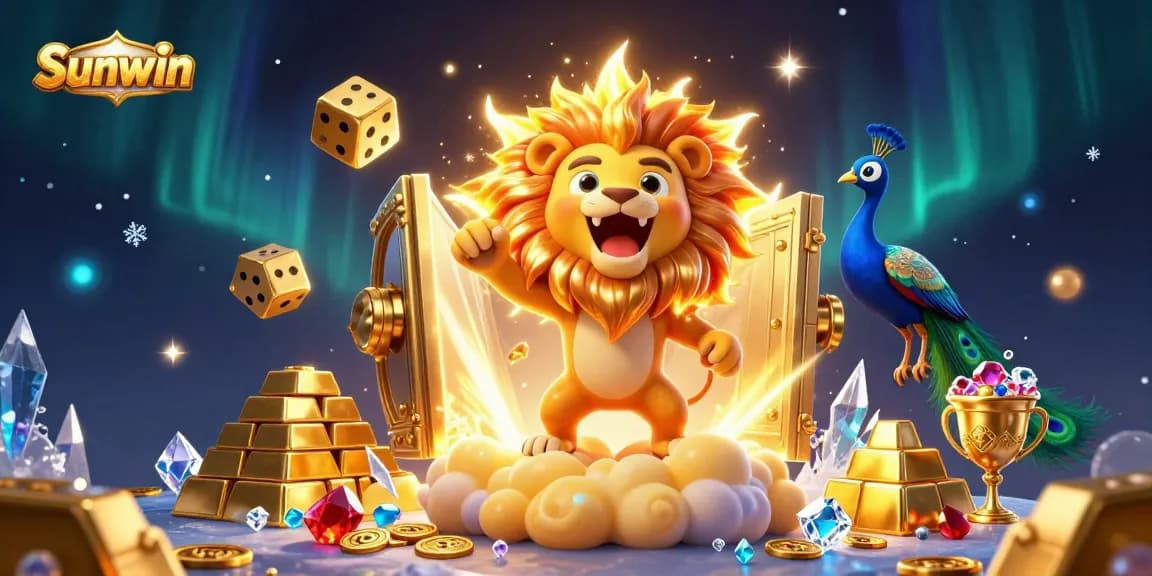 Sunwin casino showcasing a roaring lion, golden treasures, and vibrant cosmic elements in a spectacular 3D scene.