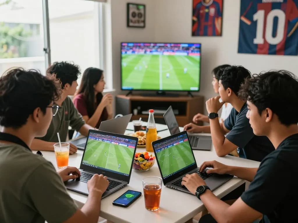 Exciting scene of friends enjoying Judi Bola betting during a live football match.