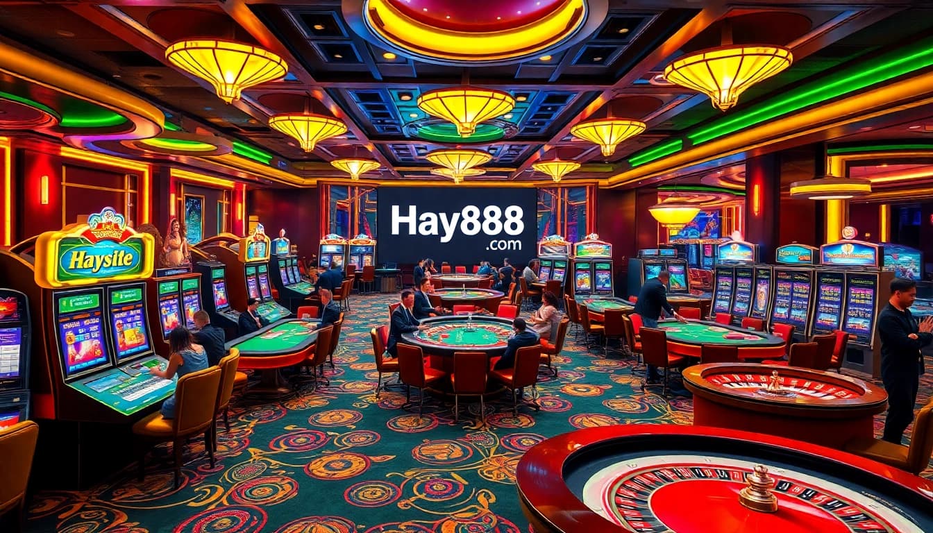Exciting online gambling atmosphere at Hay88.com featuring players at slot machines and poker tables.