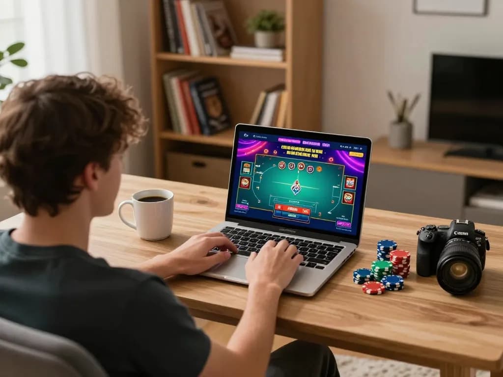Engaging online poker gameplay at home with cm88 on a laptop, showcasing strategy and fun