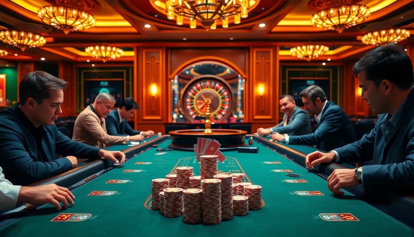 Players experiencing excitement at RR88's luxurious casino tables while betting and winning.