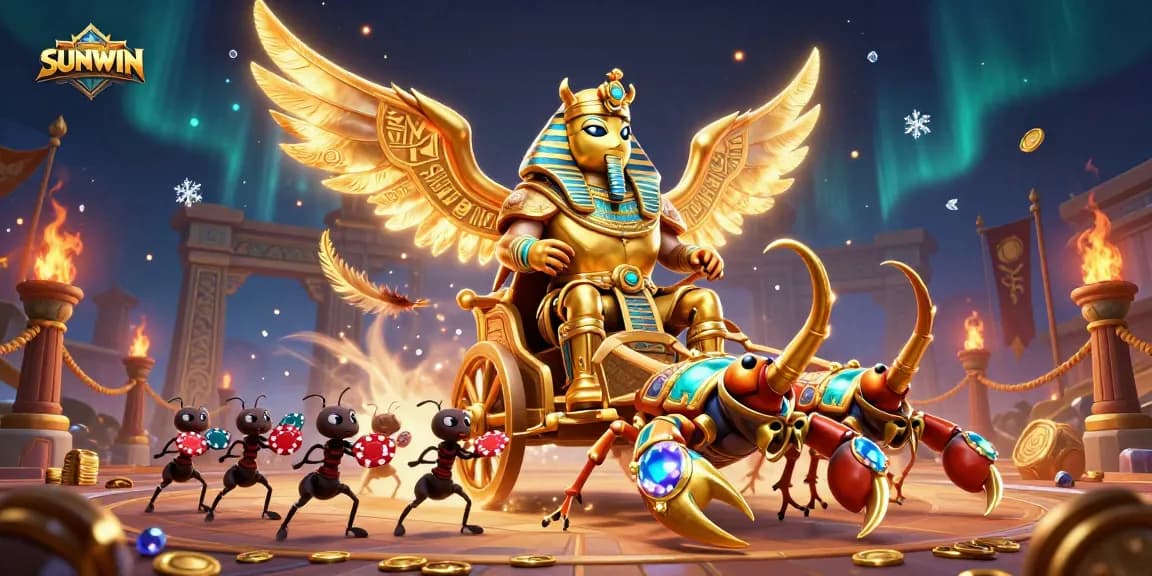SUNWIN brings excitement with a colossal golden scarab beetle leading a chariot in an epic casino scene.