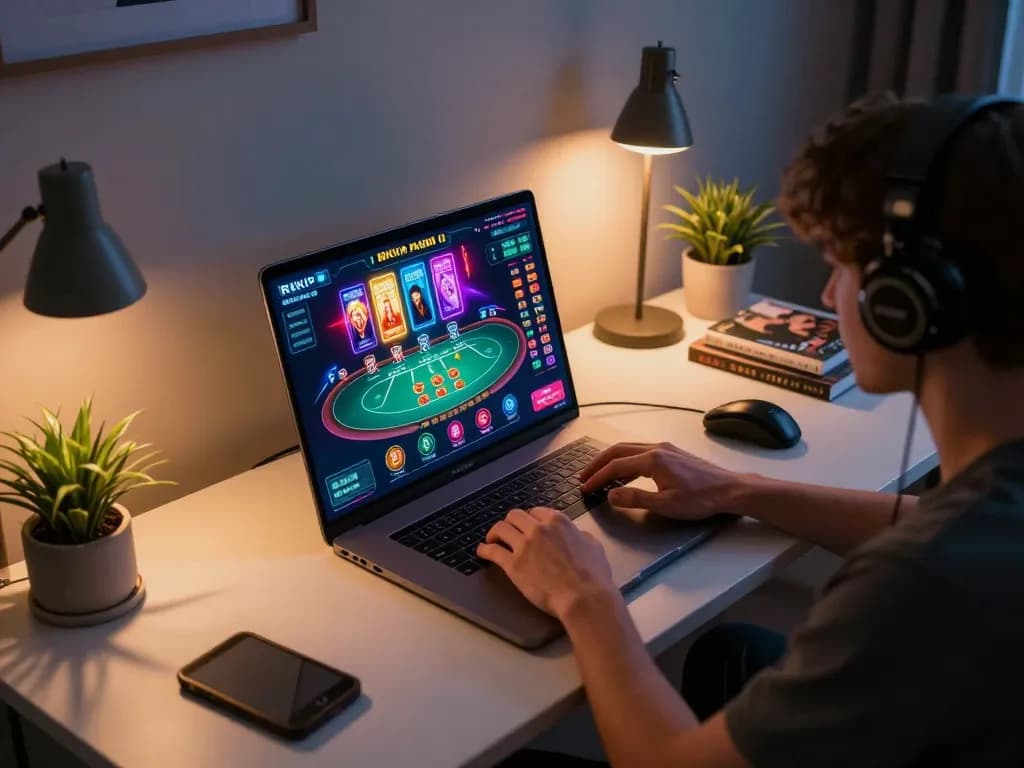 Player engaging with rikvip online casino interface on laptop, showcasing a vibrant gaming experience.