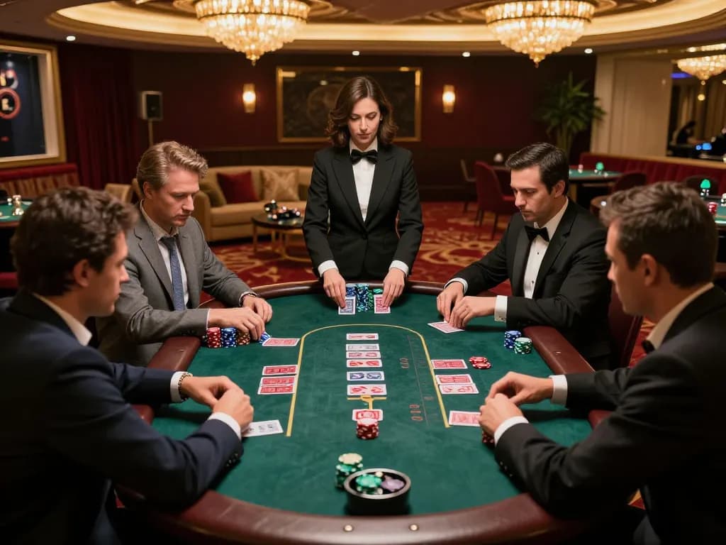 Players strategizing at a high-stakes blackjack table, f8beta2 casino experience captured in elegant ambiance.
