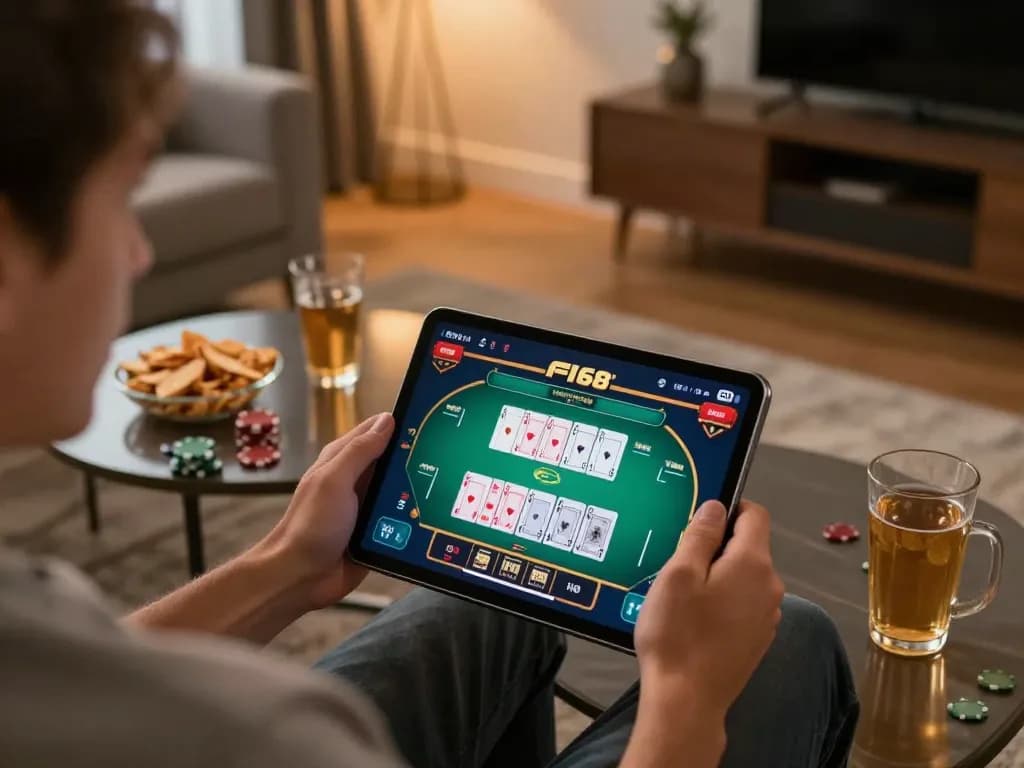 Engaging online gaming moment at F168, with a player enjoying a poker game on a tablet in a cozy living room setting