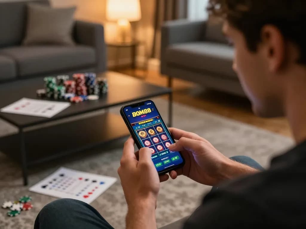 Aplikasi BOM88 yang ditampilkan di smartphone selama sesi taruhan kasino online yang menarik di rumah