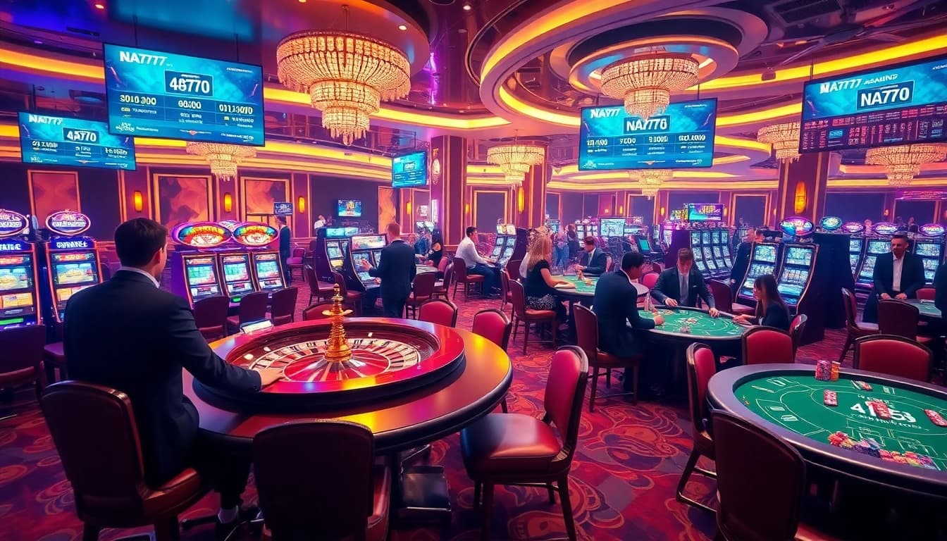 Experience the thrilling atmosphere of NA777 with professional dealers at vibrant casino tables.