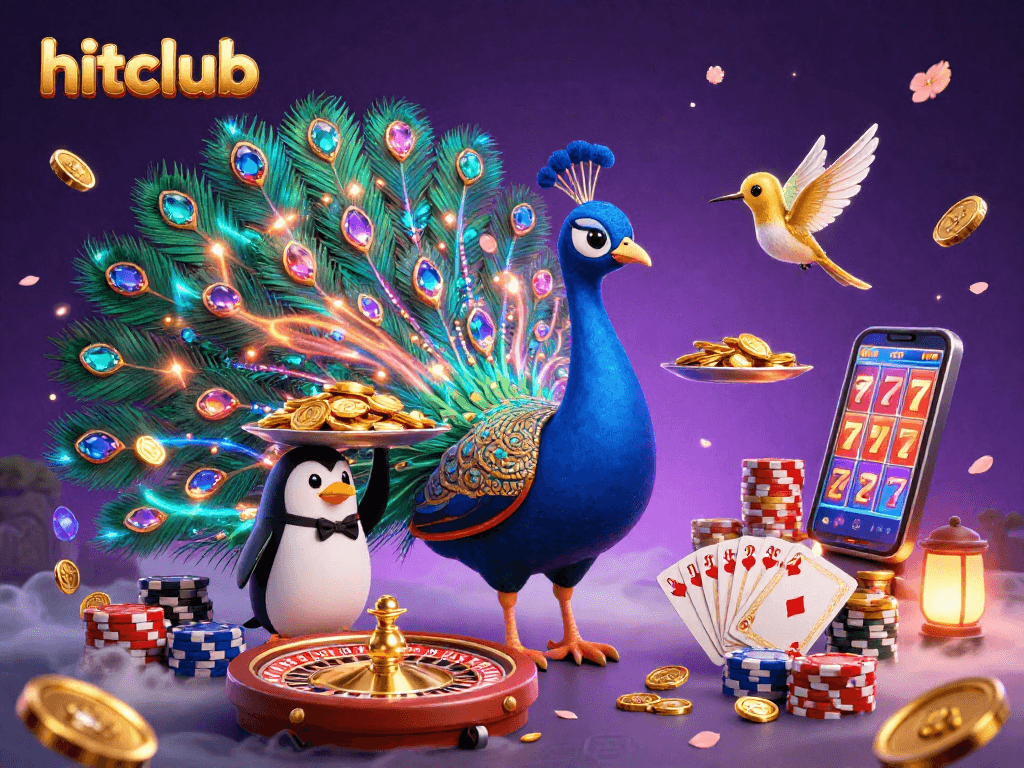 Engage with hitclub's vibrant scene featuring peacock, penguin, and hummingbird amidst casino excitement.