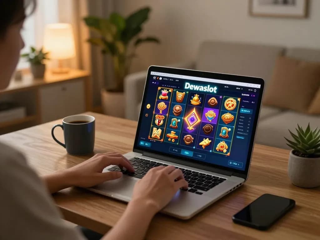 Engaging in dewaslot online slots gameplay at home with cozy ambiance and warm lighting.