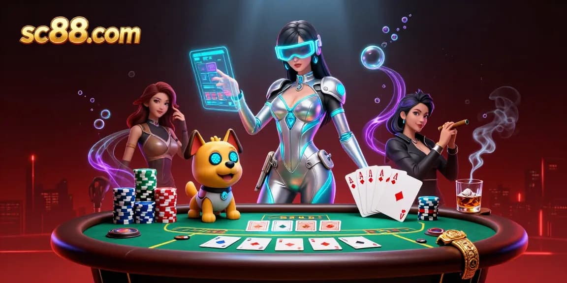 Play thrilling games at sc88. com with an exciting 3D illustration featuring a vibrant casino atmosphere and advanced gameplay elements.