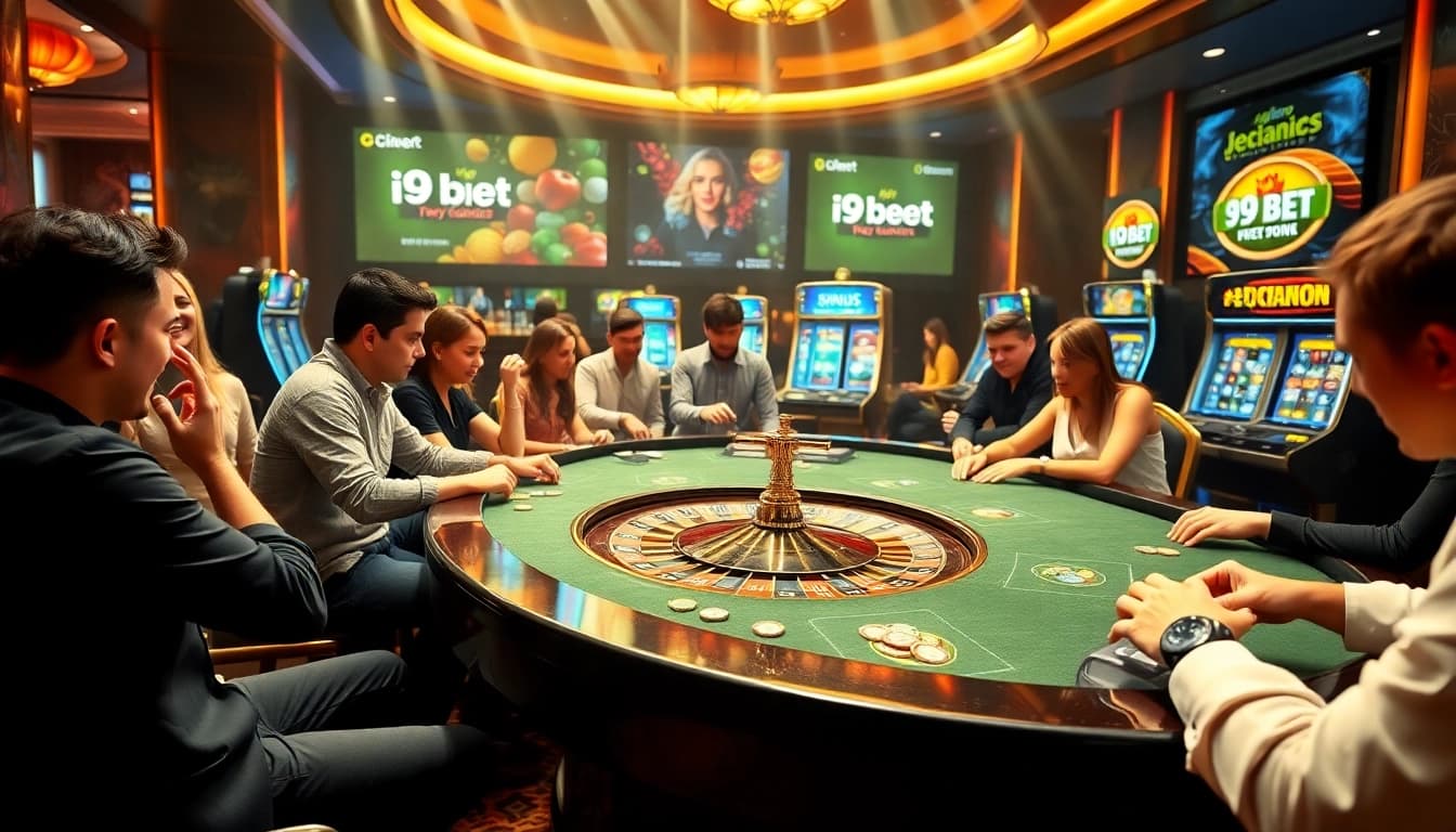 Experience the excitement of i9bet with vibrant casino tables, chips, and roulette wheels.