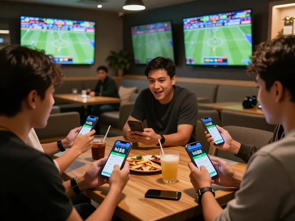 Join the excitement of sports betting with hi88 app while engaging with friends in a vibrant lounge.