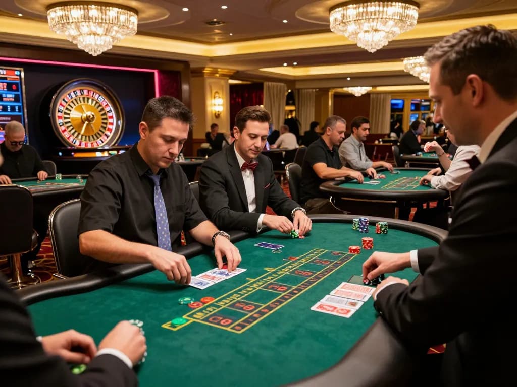 Engaged gamblers play blackjack with intense focus at a lively casino, showcasing the excitement of tx88 gameplay.
