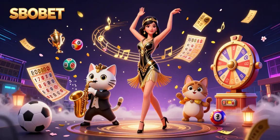 SBOBET sports betting scene featuring a woman and a saxophone-playing cat surrounded by dynamic lottery elements.