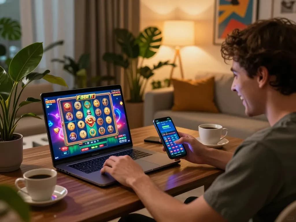 Person enjoying F8BET on a laptop in a cozy home gaming setup surrounded by vibrant decor.