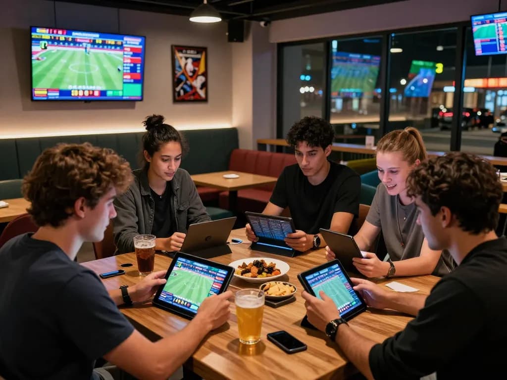 Exciting sports betting atmosphere with friends engaging over zbet platforms and live game data.