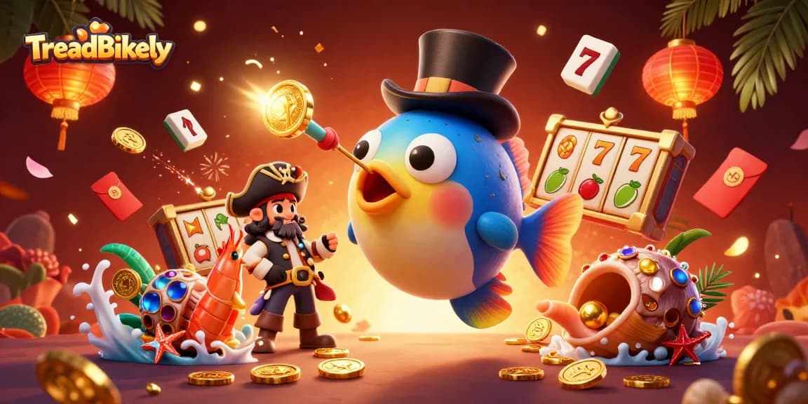 TreadBikely illuminates the casino scene with an anglerfish, pirate shrimp, and gem snail capturing golden treasures.