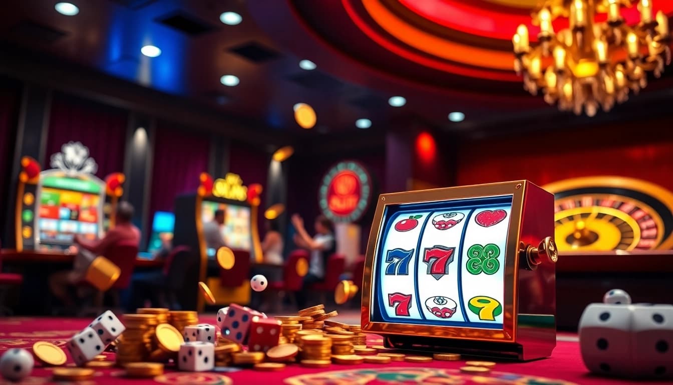 Players thrillingly engage with a slot online machine in a vibrant casino atmosphere, showcasing excitement and luxury.