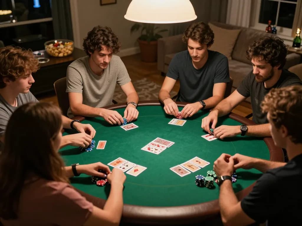 Poker night strategy session at home with friends using taixiusunwin.art to enhance gameplay tactics and friendly competition.